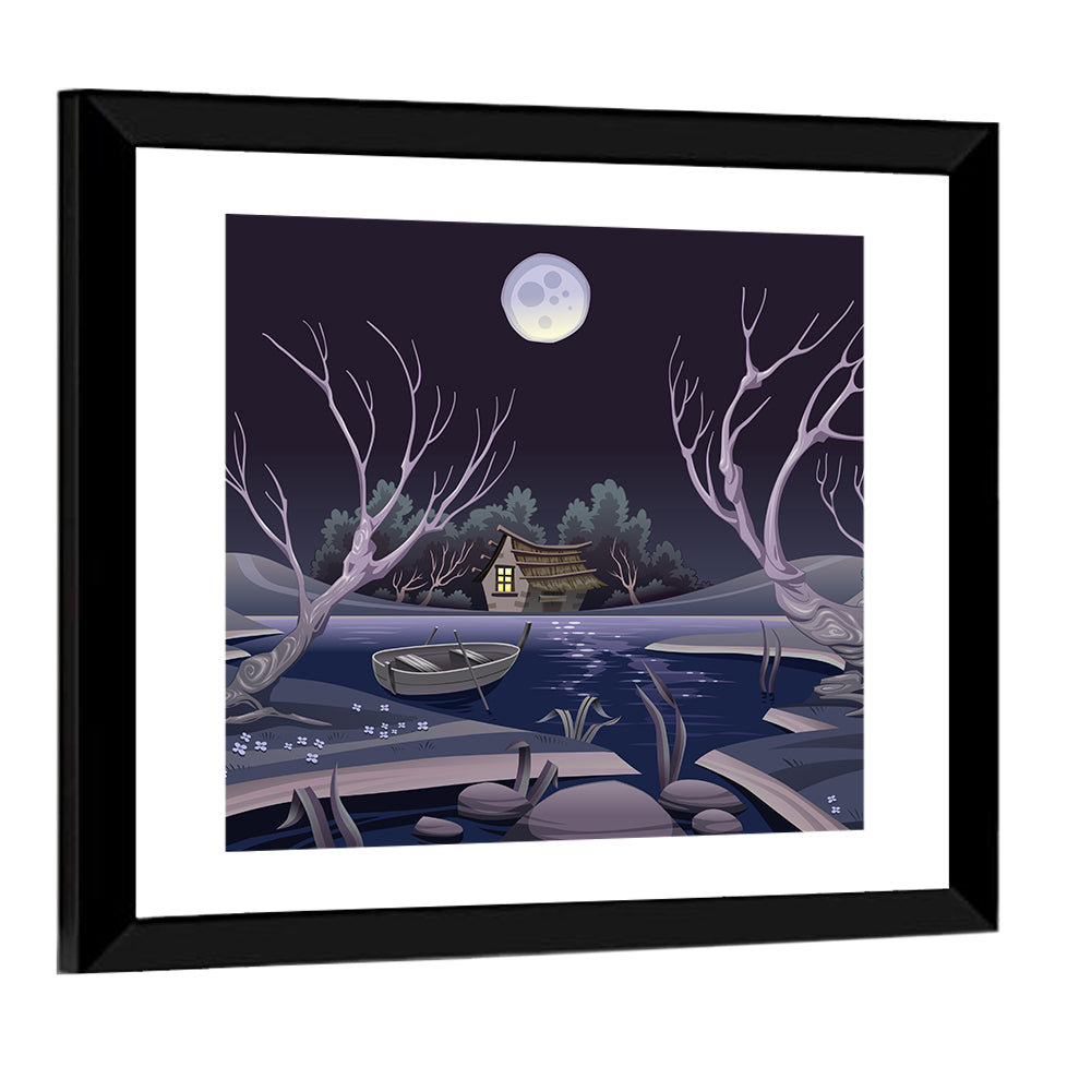 Cottage by Moonlit Pond Wall Art