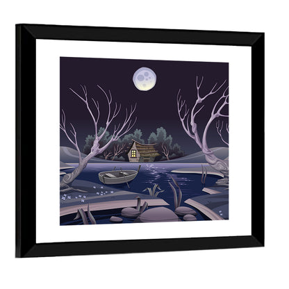 Cottage by Moonlit Pond Wall Art