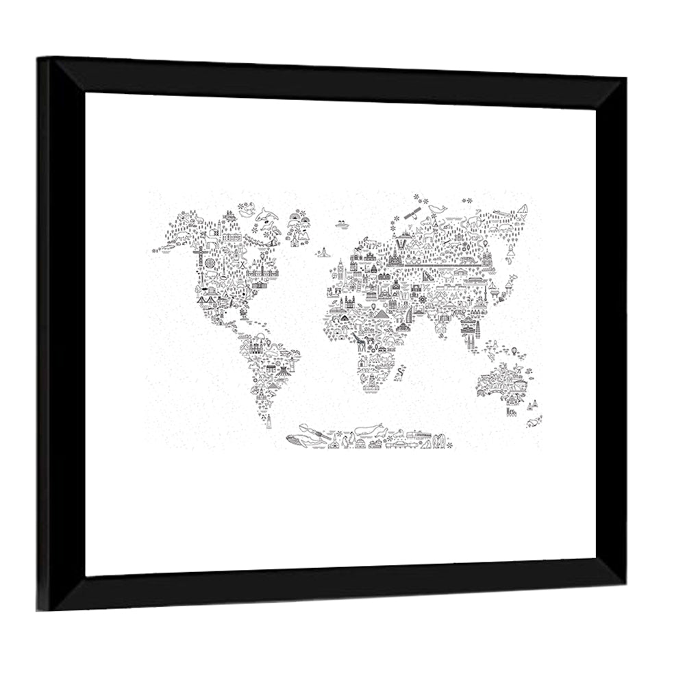 World Travel Line Icons Map Wall Art