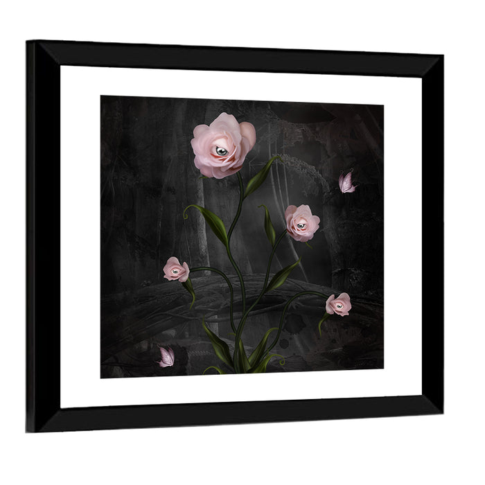 Surreal Pink Roses with Eyes Wall Art as a framed print