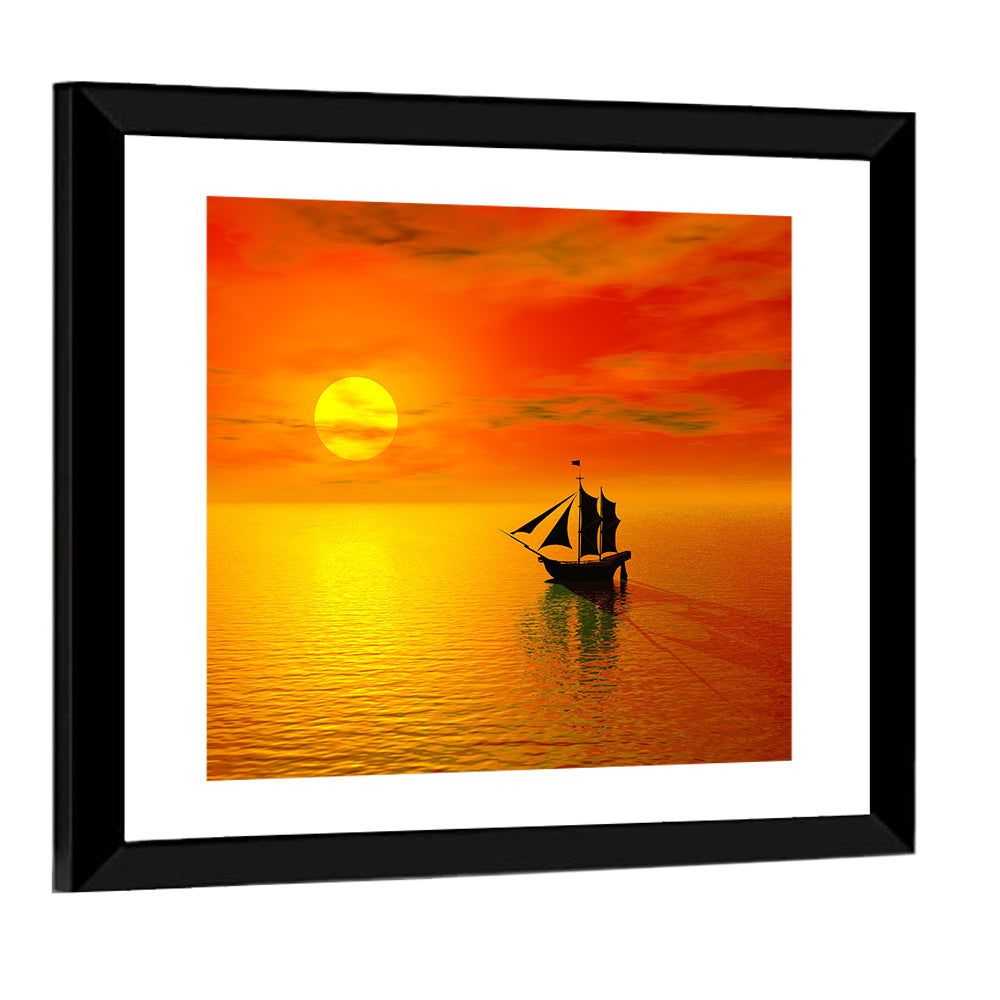 Old Sailboat Silhouette at Sunset Wall Art