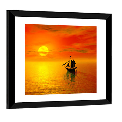 Old Sailboat Silhouette at Sunset Wall Art