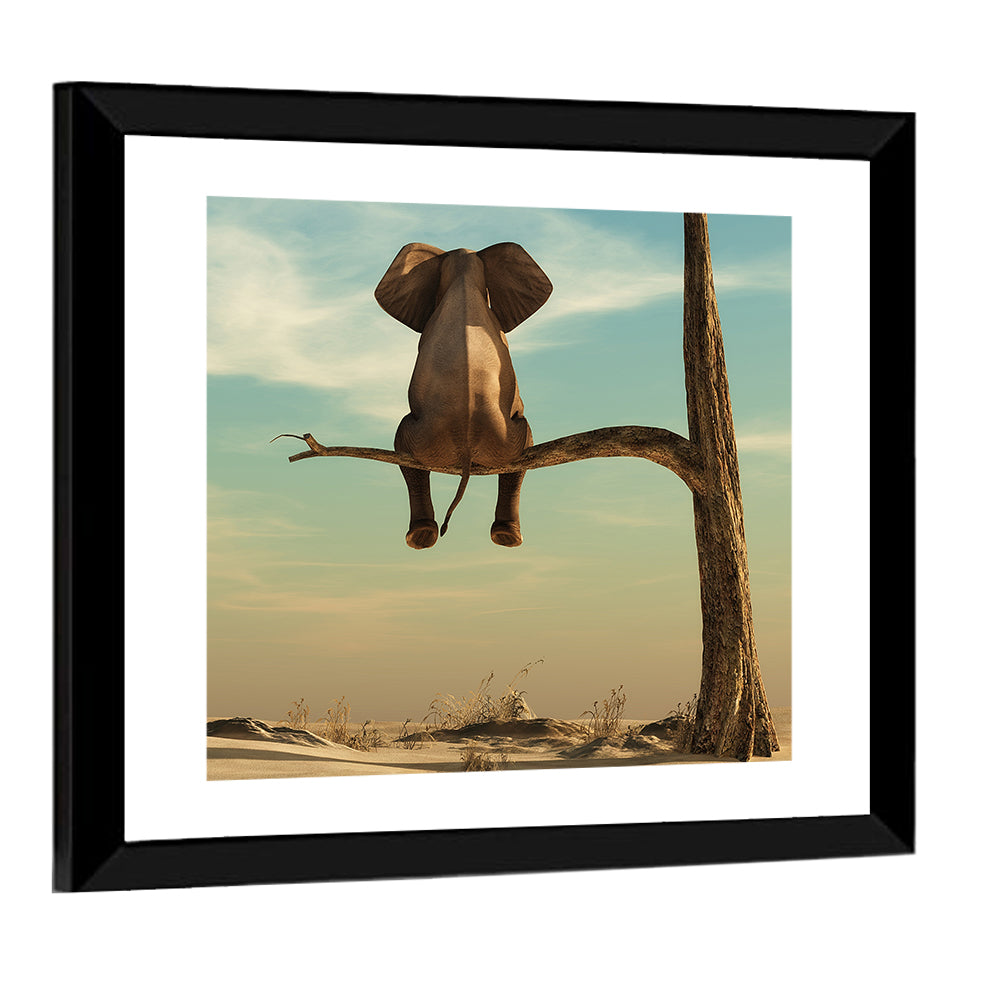 Solitary Elephant on a Tree Branch Wall Art