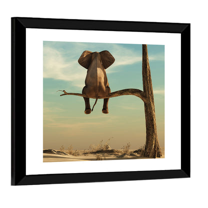 Solitary Elephant on a Tree Branch Wall Art