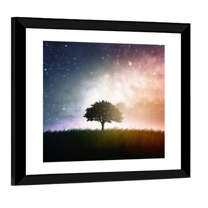 Tree Silhouette Under Nebula Sky Wall Art