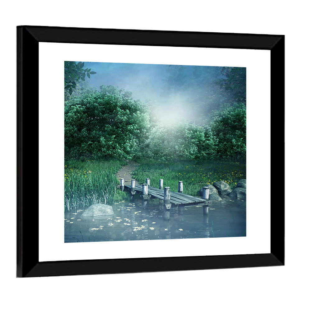 Misty Forest Lake with Wooden Bridge Wall Art