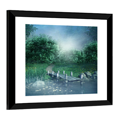 Misty Forest Lake with Wooden Bridge Wall Art