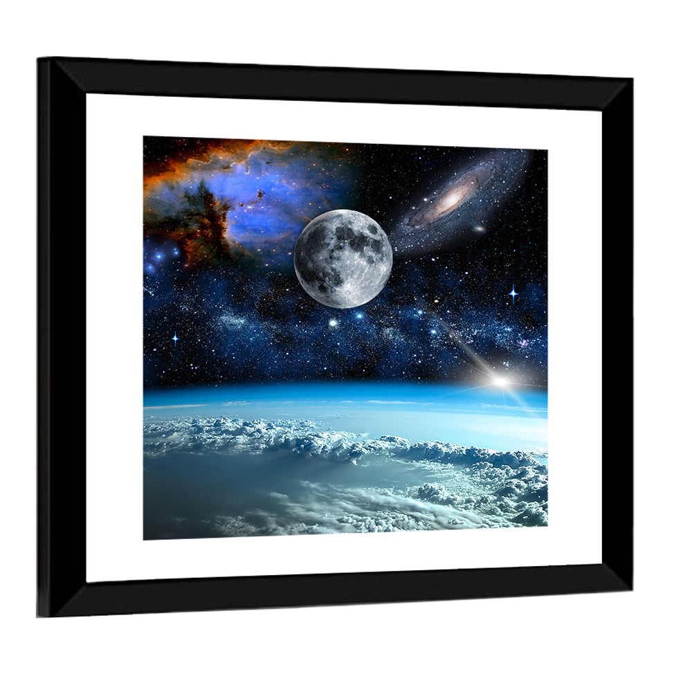 Earth and Moon Over Clouds Wall Art