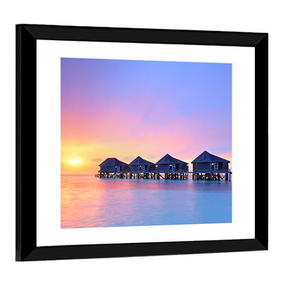 Maldives Sunset Over Water Bungalows Wall Art