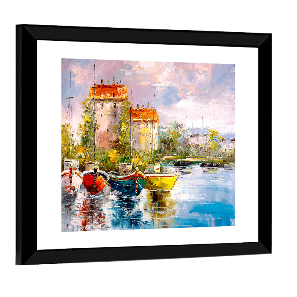 Impressionist Harbor with Colorful Boats Wall Art