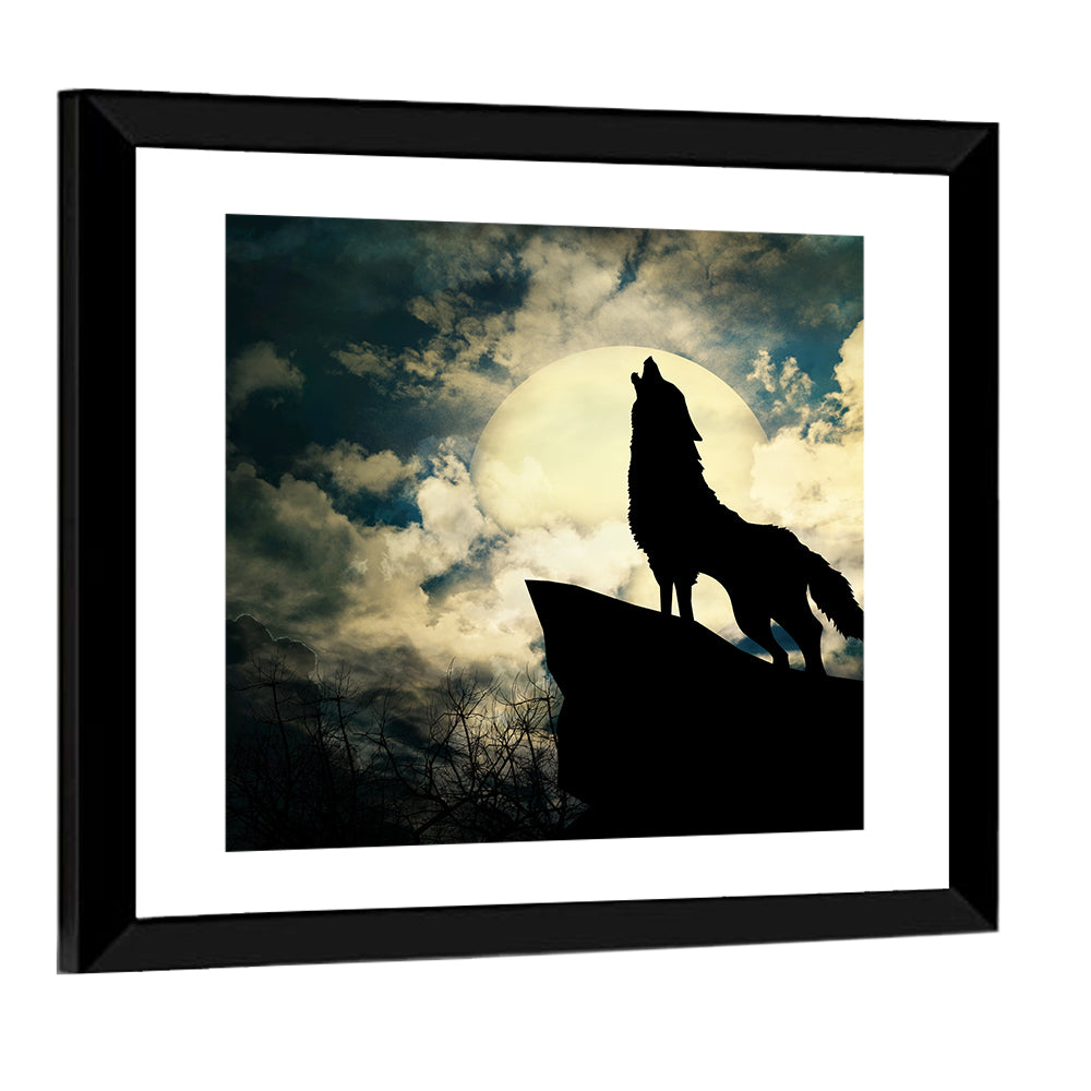 Howling Wolf Silhouette Against Full Moon Wall Art