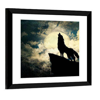 Howling Wolf Silhouette Against Full Moon Wall Art
