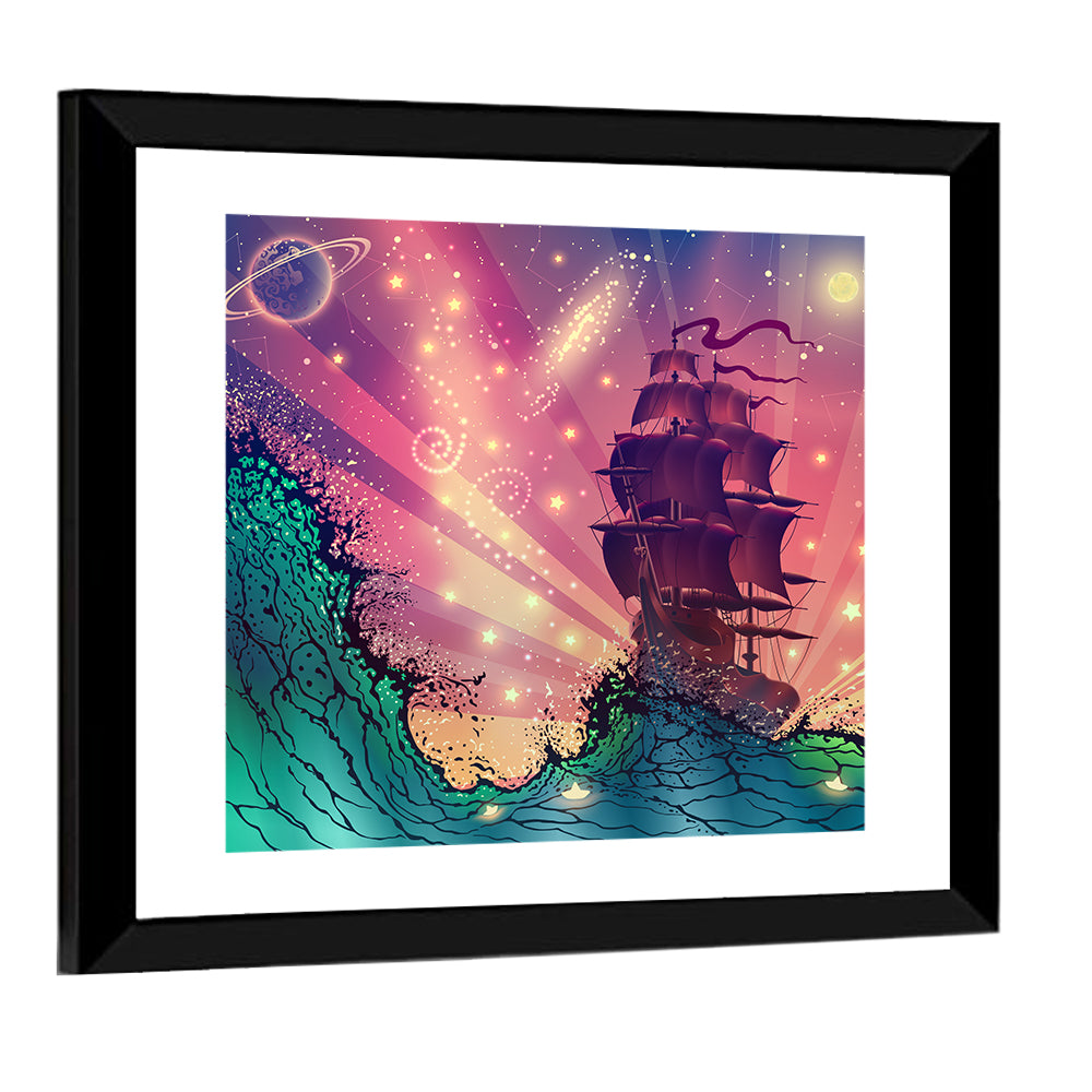 Tall Ship on Cosmic Waves Wall Art