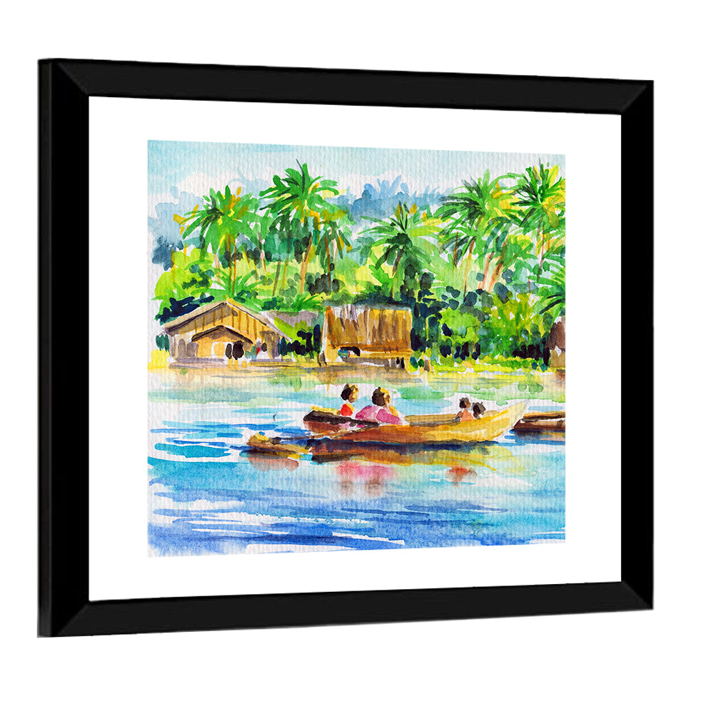 Boat in Tropical Village Wall Art