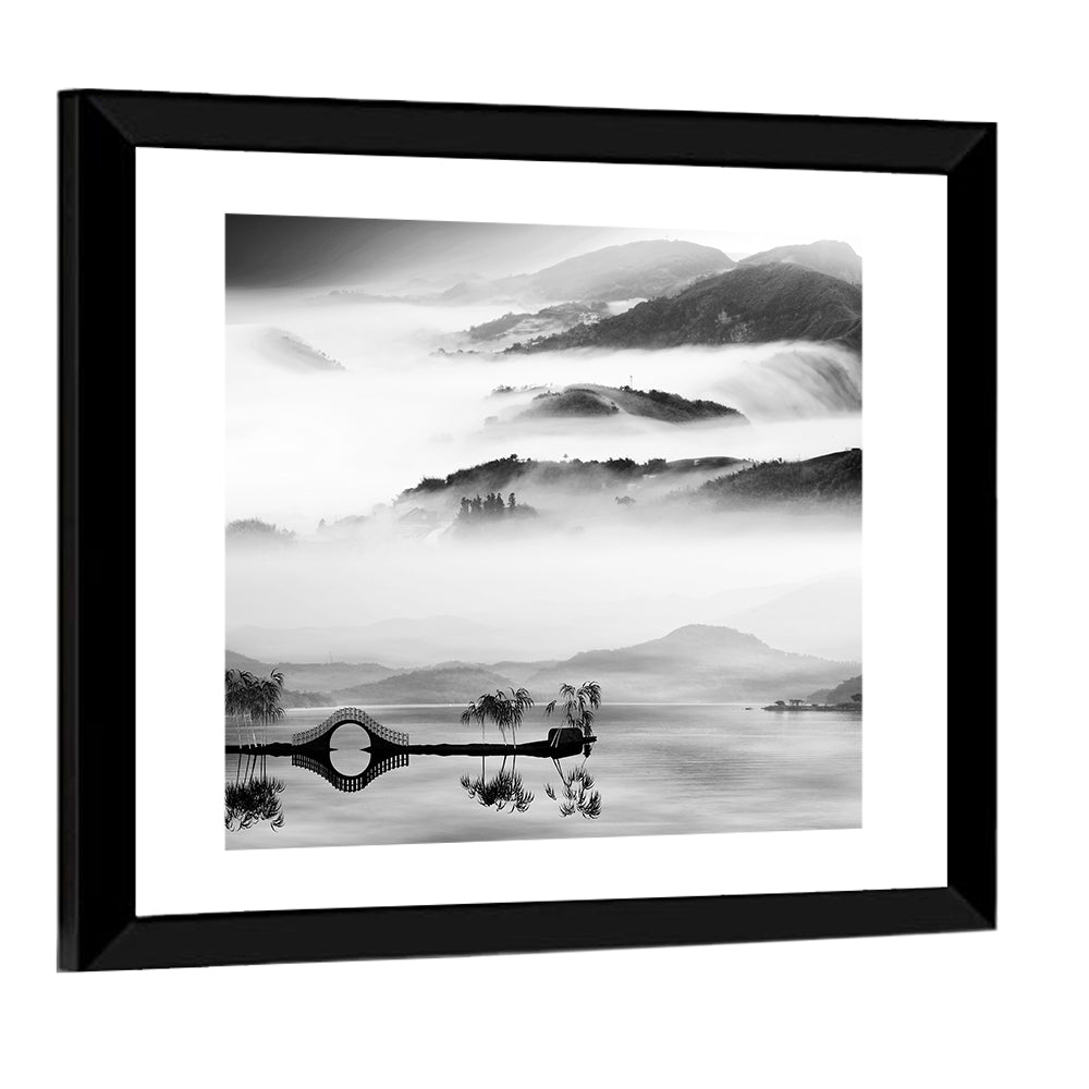 Misty Chinese Lake with Bridge Wall Art