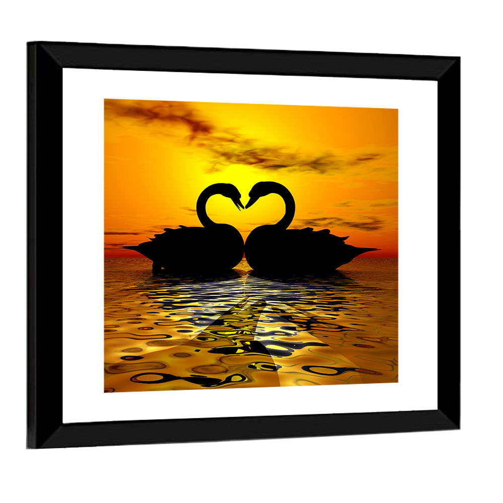 Swans Forming Heart at Sunset Wall Art