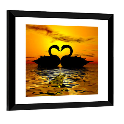 Swans Forming Heart at Sunset Wall Art