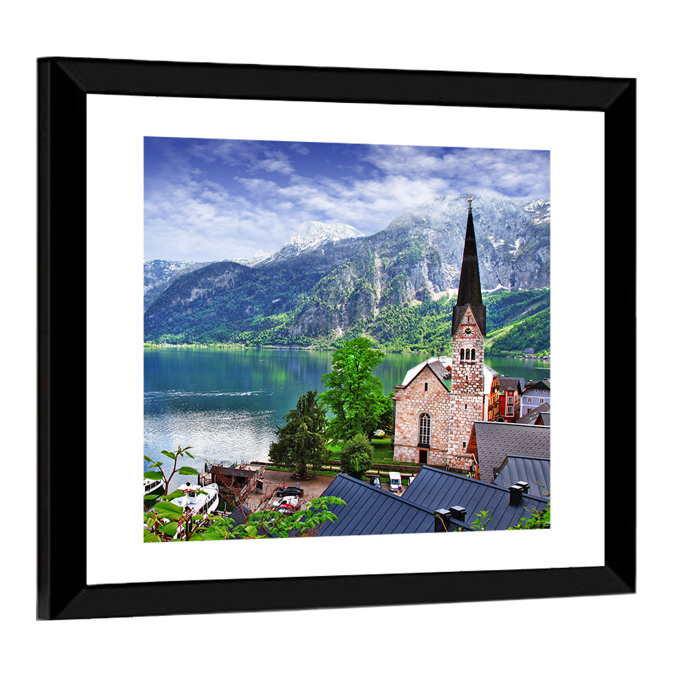 Hallstatt Lake View with Church Tower Wall Art