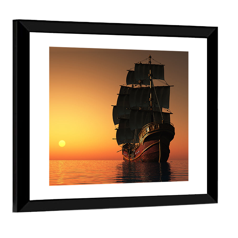 Sailing Ship at Golden Sunset Wall Art