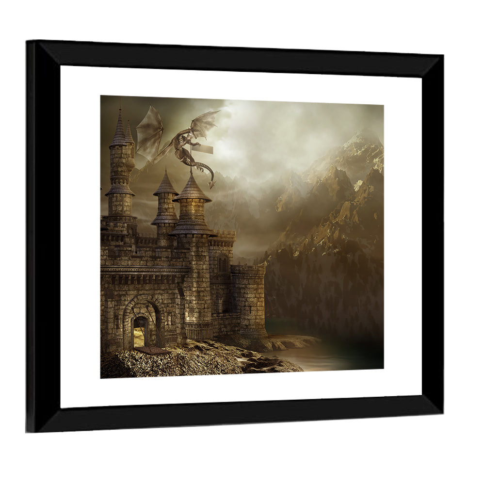 Dragon Perched on Castle Wall Art