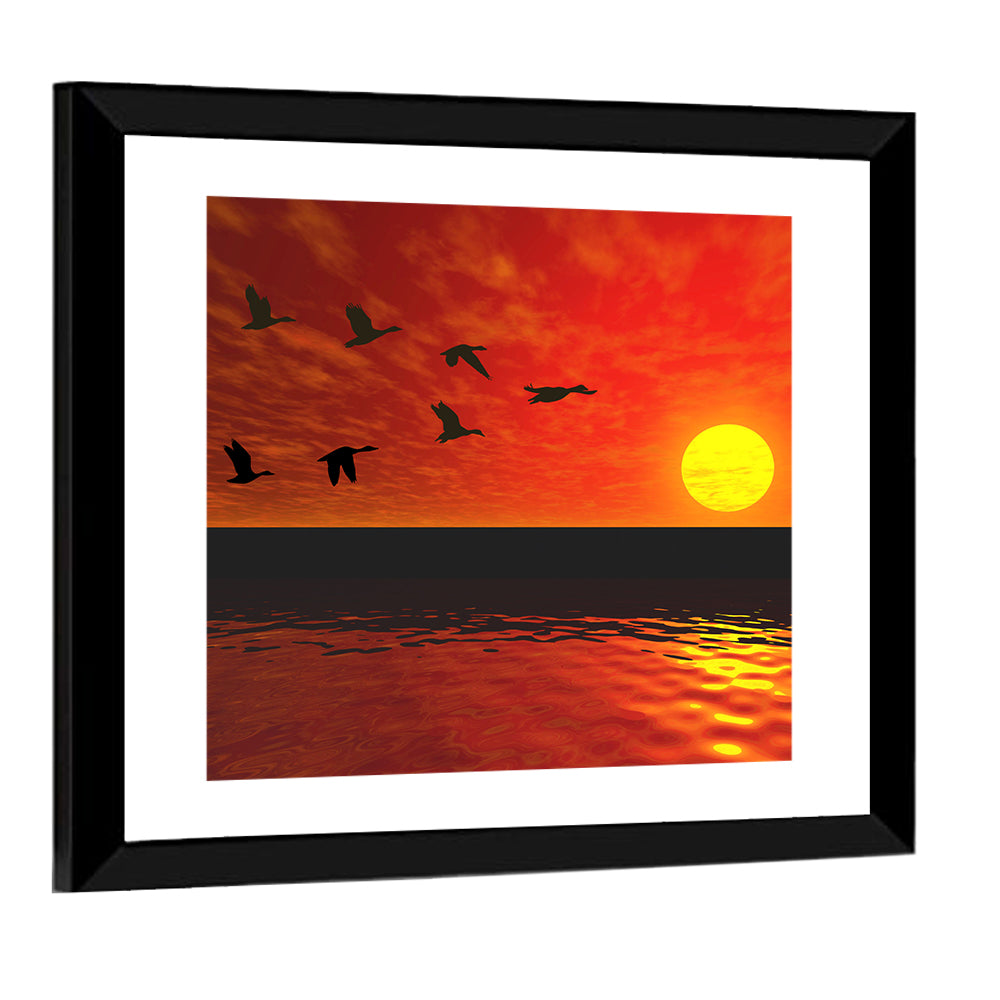 Ducks at Sunset Silhouette Wall Art