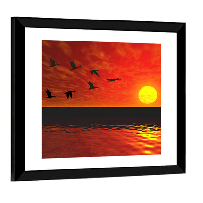 Ducks at Sunset Silhouette Wall Art