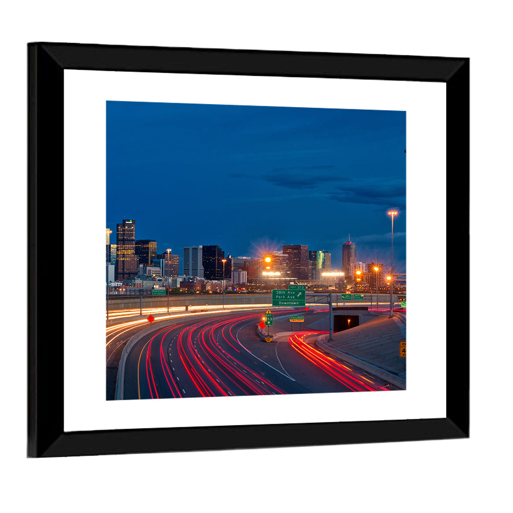 Denver Skyline with Light Trails Wall Art
