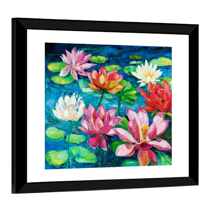 Overhead Lotus Pond Painting Wall Art as a framed print