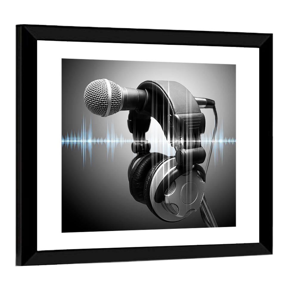 Headphones on Microphone with Sound Waves Wall Art
