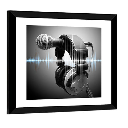 Headphones on Microphone with Sound Waves Wall Art