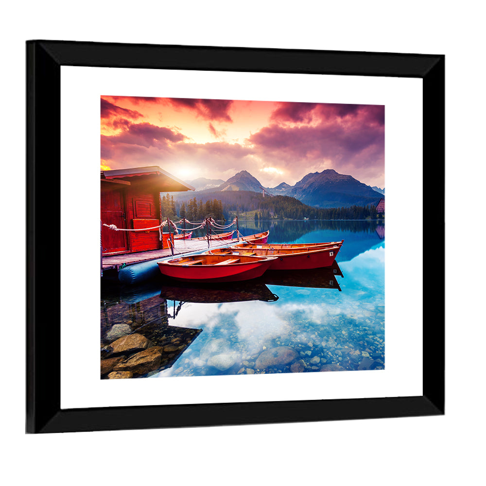 High Tatras Sunset Lake with Red Boats Wall Art