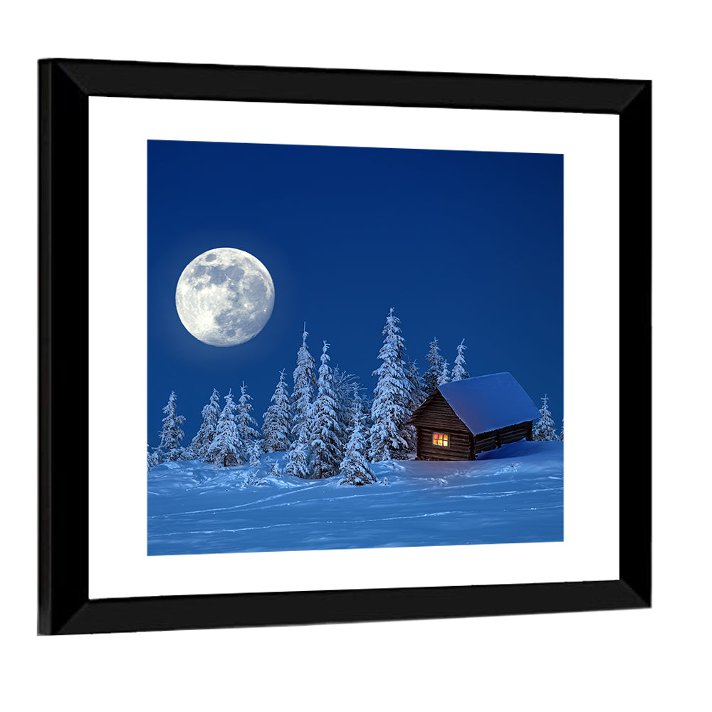 Moonlit Winter Cabin in Forest Wall Art