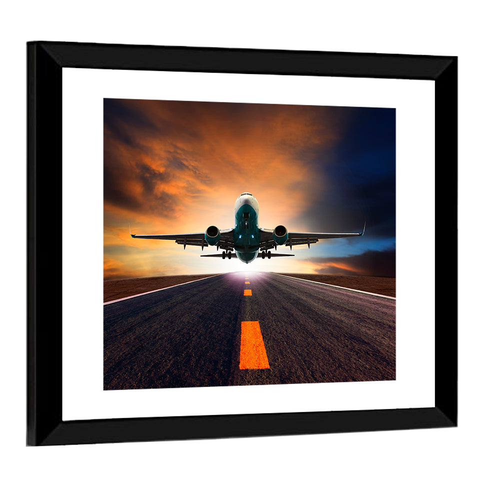 Passenger Jet Landing at Sunset Wall Art