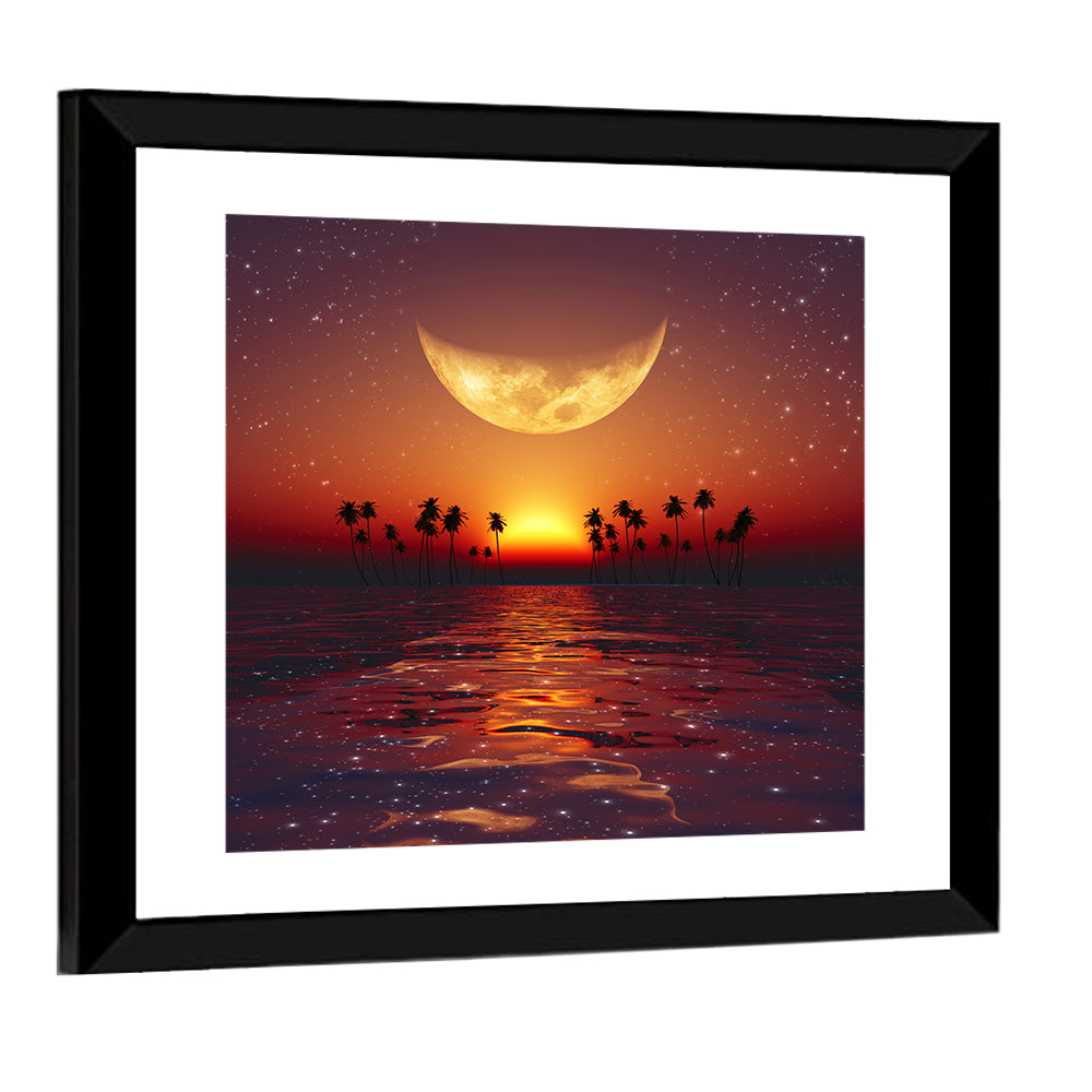 Golden Crescent Over Tropical Sunset Wall Art