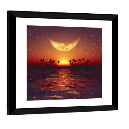 Golden Crescent Over Tropical Sunset Wall Art