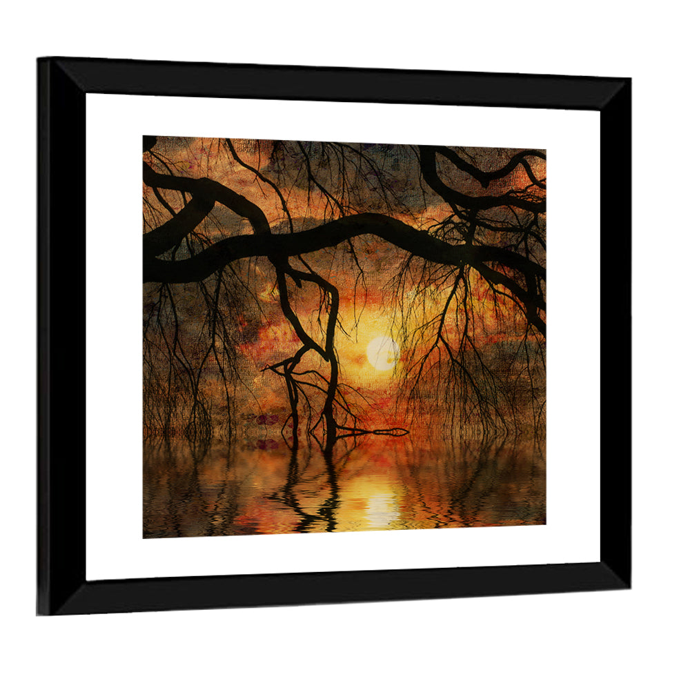 Lake Tree Silhouette at Golden Sunset Wall Art
