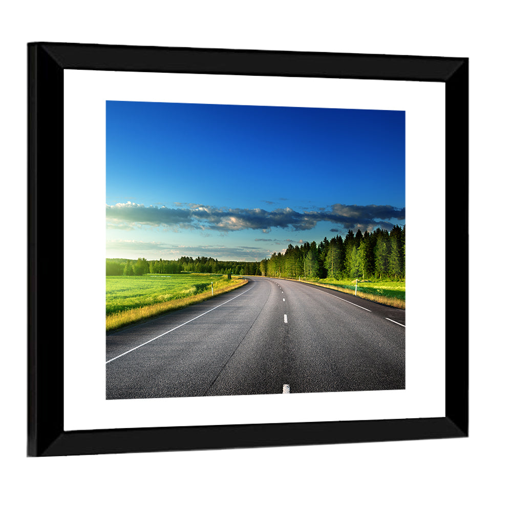 Curved Asphalt Road Through Forest Wall Art