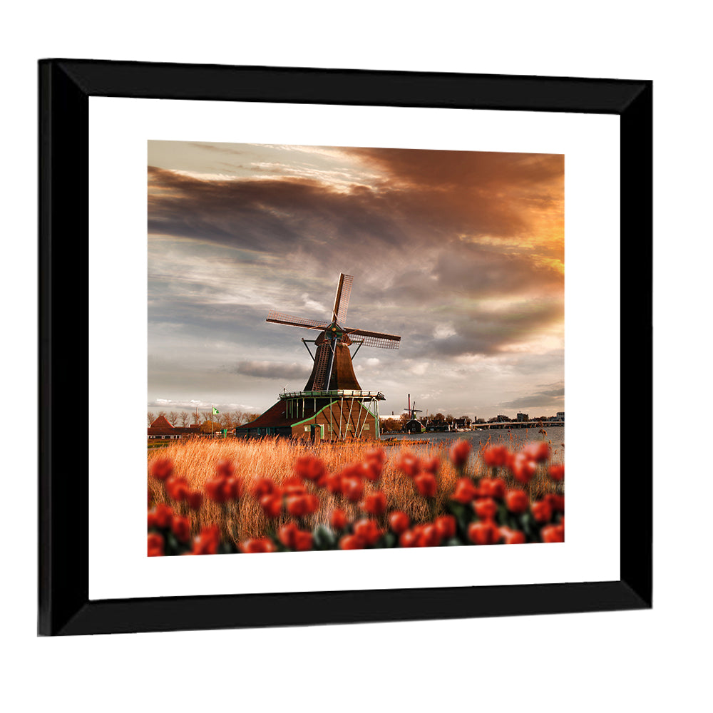 Dutch Windmill with Red Tulips Wall Art
