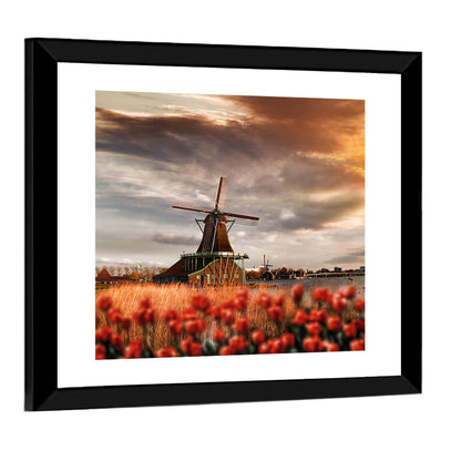 Dutch Windmill with Red Tulips Wall Art
