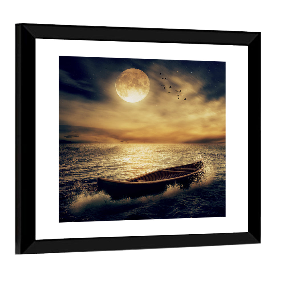 Moonlit Boat in Stormy Ocean Wall Art