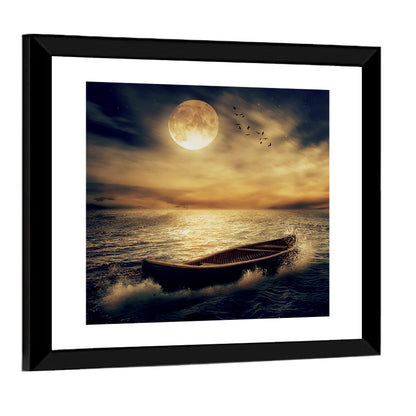Moonlit Boat in Stormy Ocean Wall Art