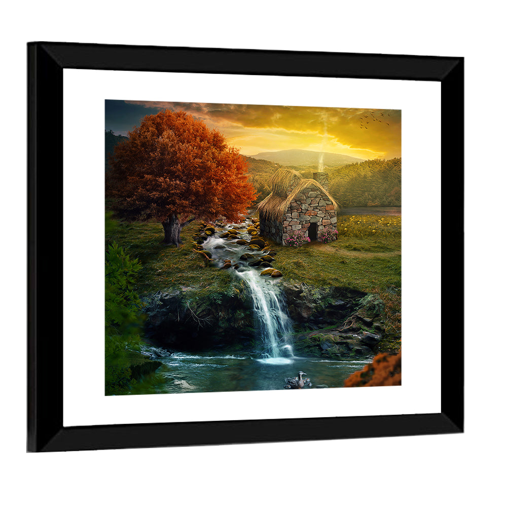 Thatched Cottage by Mountain Stream Wall Art