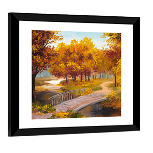 Autumn Forest With River & Bridge Wall Art