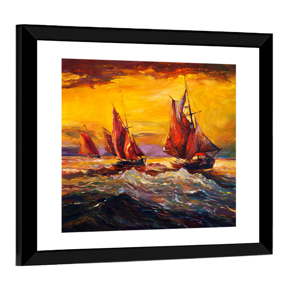 Three Sailboats at Sunset Wall Art