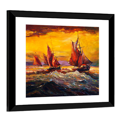 Three Sailboats at Sunset Wall Art