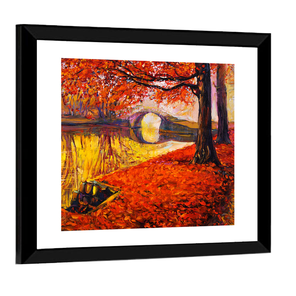 Autumn Bridge Over Golden Lake Wall Art
