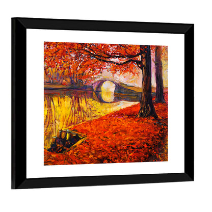 Autumn Bridge Over Golden Lake Wall Art