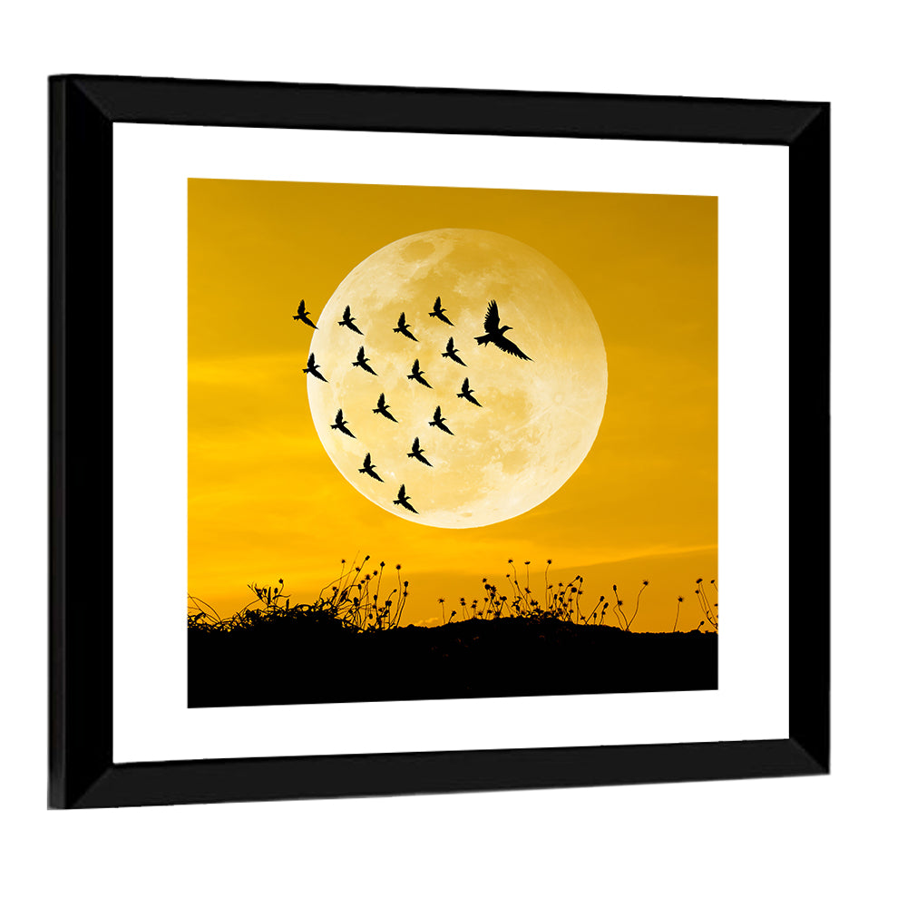 Moonlit Birds Over Wildflowers Wall Art