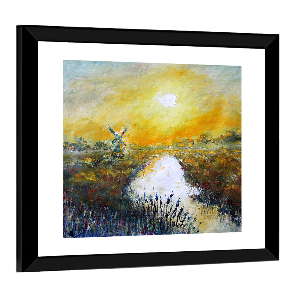 Windmill at Sunrise Over River Wall Art