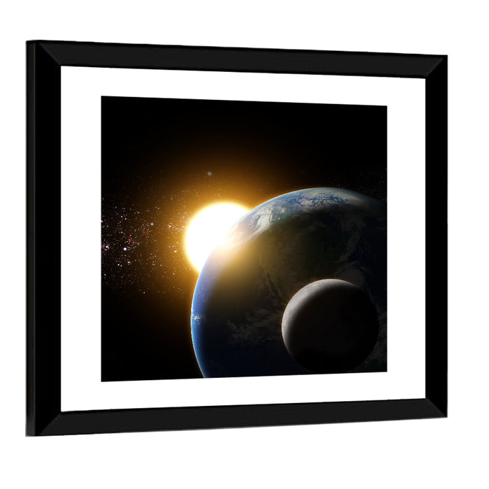 Sunflare Over Earth and Moon Wall Art as a framed print